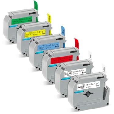 Imagem de Pacote com 6 fitas coloridas compatíveis com fita de etiqueta Brother P-Touch 12 mm 0,47 de substituição para fita de etiquetagem Brother compatível com refil de etiquetadora P Touch PT-65 PT-70 PT-85