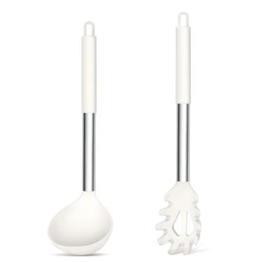 Imagem de TeamFar Conjunto de Concha de Sopa de Silicone e Garfo para Macarrão, 2 Peças Grandes Utensílios de Cozinha Antiaderentes com Cabo de Aço Inoxidável para Drenar, Servir Sopa, Molho (Grande, Branco)