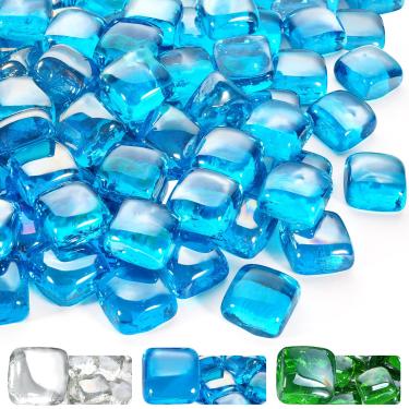 Imagem de GasSaf Cubos de vidro de fogo azul caribenho para fogueira externa, lareira, substitui troncos de gás e pedras de lava existentes, vidro de 2,5 cm (9 kg) (brilho azul caribenho)