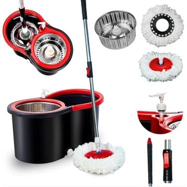 Imagem de Mop Giratório Profissional com Balde Centrífuga, Cabo 140 cm, 2 Refis, Sistema de Limpeza Completo, Preto e Vermelho