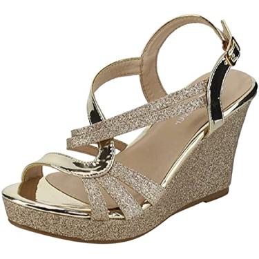 Imagem de Forever FQ22 Sandálias femininas com salto plataforma com tiras e tiras, Dourado, 6