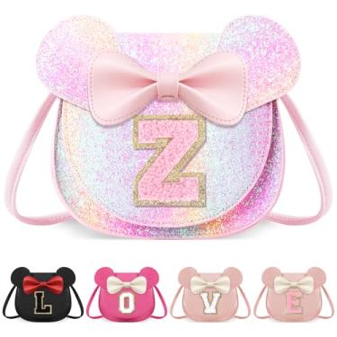 Imagem de izuzta Bolsa infantil para crianças 1 2 3 4 5 6 7 8 anos de idade bonito mouse orelha laço bolsa transversal presente de aniversário, Bolsa grande/brilhante/letra rosa, Z, Z
