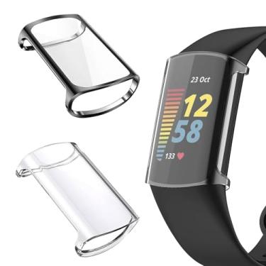 Imagem de LIANCGJUE Pacote com 2 capas de TPU para Fitbit Charge 6, capa protetora completa macia compatível com smartwatch Fitbit Charge 5/6 (preto/transparente)