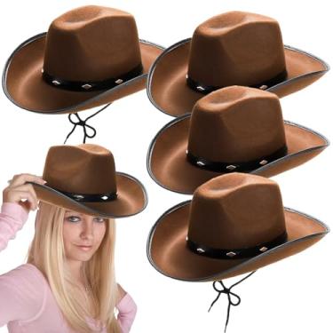 Imagem de Hiceeden Chapéu de caubói para mulheres, chapéu de cowboy ocidental com aba moldável, chapéu de vaqueira de feltro retrô para adultos, masculino, Marrom, Adult