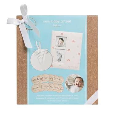 Imagem de Little Pear Novo conjunto de presente para bebê, livro de lembranças de bebê arco-íris com almofada de tinta incluída, discos de marcos mensais de madeira, impressão à mão de argila para recém-nascido