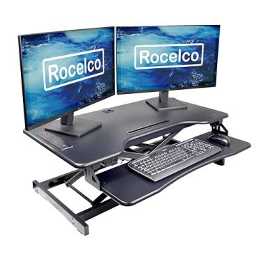 Imagem de Rocelco Conversor de mesa elétrico de 95 cm com carregador USB CA - Altura ajustável para monitor duplo - Estação de trabalho de computador de mesa - Bandeja de teclado grande - Preto (R EDRB2)