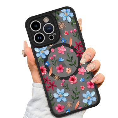Imagem de AIGOMARA Capa magnética para iPhone 15 Pro [compatível com MagSafe] linda flor rosa azul padrão floral TPU macio amortecedor rígido PC traseiro antiqueda à prova de choque capa fina para mulheres