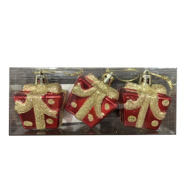 Imagem de Conjunto com 3 Caixas de Presentes de 4,5cm Vermelho com Dourados para Árvore de Natal - Festive
