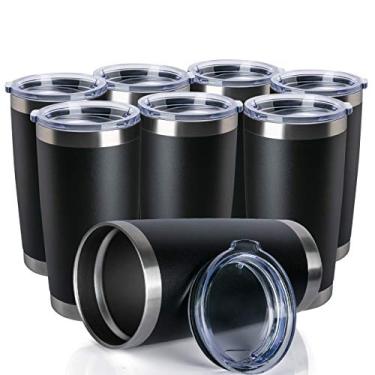 Imagem de TDYDDYU Pacote com 8 canecas de café de aço inoxidável de parede dupla de 590 ml com tampa, copo de café isolado com revestimento em pó durável para bebidas frias e quentes (preta, pacote com 8)