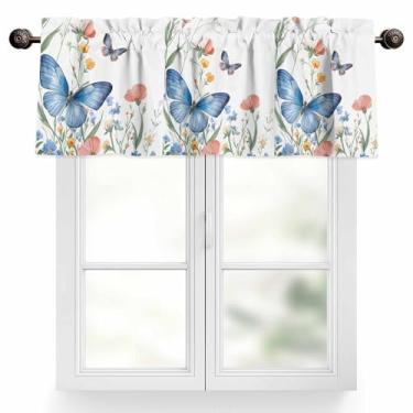 Imagem de Cortina, cortina de janela curta com bolso borboleta azul primavera para sala de estar, quarto, cozinha, banheiro, 1 painel, 137 x 45 cm, flor rosa amarela