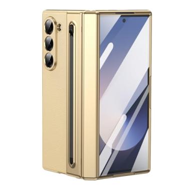 Imagem de POYUFRG Capa galvanizada para Samsung Galaxy Z Fold 6, capa de couro executiva de luxo com suporte S-Pen e capa de proteção de dobradiça com tudo incluído, dourada, Z Fold 6