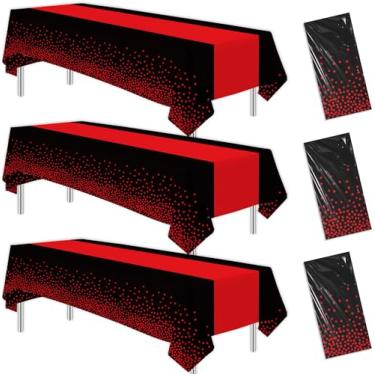 Imagem de Suhelkit Toalha de mesa de festa preta e vermelha, 3 peças de capas de mesa retangulares pretas descartáveis, estampadas, para aniversário, chá de bebê, casamento, formatura, 139,7 x 218,4 cm