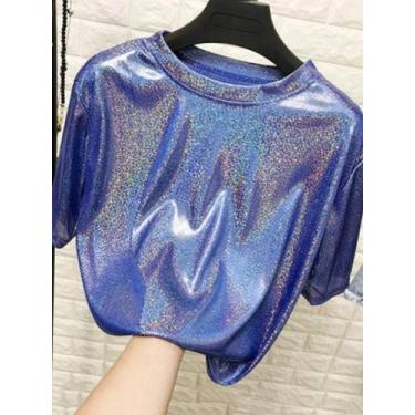Imagem de Verão Feminino Brilhante Solto Manga Curta Camiseta De Seda Sexy Clube