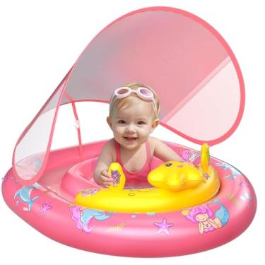 Imagem de WayEee Boia de piscina para bebês com proteção FPS 50+ – boia de natação inflável, assento de segurança ajustável, console de brinquedo, proteção solar para bebês de 6 a 36 meses, presente de verão