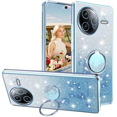 Imagem de Ephoou Capa para Xiaomi Poco F7 Ultra/Redmi K80 Pro com suporte de anel, flores de diamante brilhantes com design floral brilhante de silicone TPU transparente macio para Xiaomi Poco F7 Ultra HSF-azul