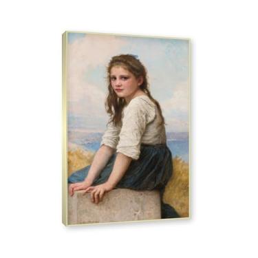 Imagem de NHLDZYH Moldura dourada champanhe. Impressões de arte William Adolphe Bouguereau - Pintura de retrato - (à beira-mar) - Pôster temático de mitologia grega - Pôster de decoração de parede vintage. 60 x