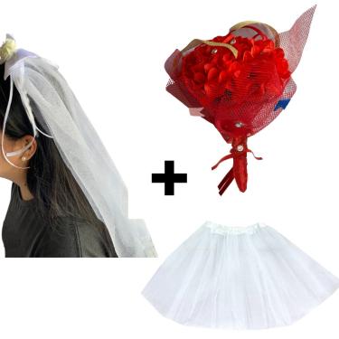 Imagem de Fantasia Noivinha Caipira Completa Festa Junina Kit Véu Buquê e Saia De Tule Quadrilha São João Arraia Quermesse