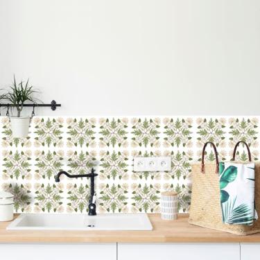 Imagem de AMAZINGWALL Home Kitchen Backsplash Azulejo Quadrados Maile Leaf & Pikake Lei Peel and Stick Impermeável Banheiro Bancada Decoração Mural Adesivo de Parede 4x4/pcs 24PCS