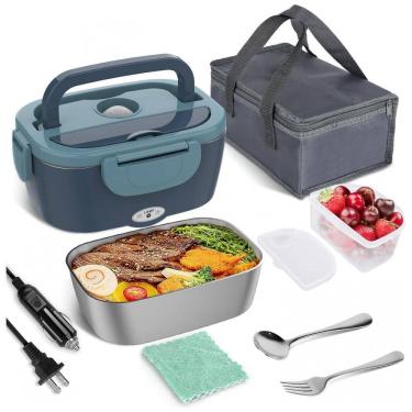 Imagem de Marmita Elétrica Portátil 1,5L com Garfo, Colher e Bolsa para Transporte, 12V 1110V 60W, Vabaso, Azul Escuro