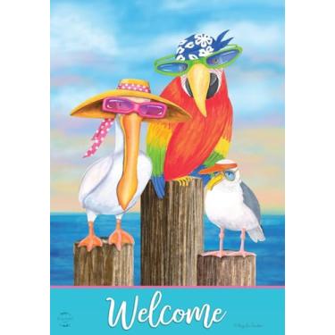 Imagem de Briarwood Lane Coastal Bird Bandeira de jardim de verão Bandeira náutica de pavão pelicana 31,75 cm x 45,72 cm