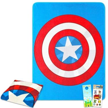 Imagem de Conjunto de cobertor Capitão América – Pacote com manta dos Vingadores, adesivos, mais para meninos e meninas | Cobertor Raschel de pelúcia do Capitão América Tamanho 117 x 152 cm