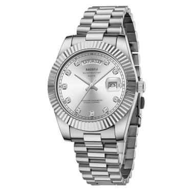 Imagem de NIBOSI Relógio masculino analógico, quartzo, aço inoxidável, ouro rosa, prata, à prova d'água, negócios, design clássico, com data, B02 - todo prata