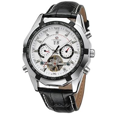 Imagem de Forsining Relógio de pulso masculino com pulseira de couro com calendário turbilhão automático original FSG340M3T2, Branco e prata, Multifuncional