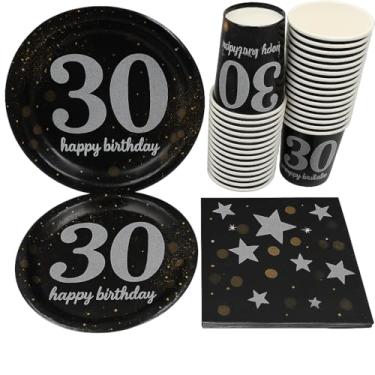 Imagem de Serve 30 | Pacote completo de festa | Feliz aniversário de 30 anos | pratos de papel de jantar de 22,86 cm | pratos de papel de sobremesa de 17,78 cm | copo de 340 g | 3 guardanapos de pelúcia | tema de festa de 30 anos