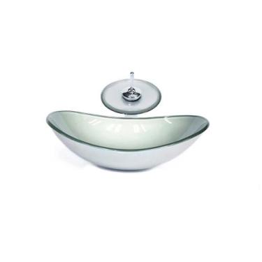 Imagem de Cuba de vidro oval 55cm  prata + valvula + torneira cascata - Cubas e 