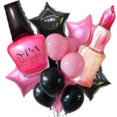 Imagem de 16pcs Makeup Party Balloons Set - Large Lipstick & Nail Polish Foil Balloons, Pink & Black Star Latex Balloons for Girls Birthday, Spa Theme, Beauty Salon Decorations