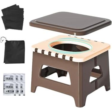 Imagem de Cadeira de vaso sanitário portátil para acampamento, vaso sanitário de emergência dobrável firme com tampa, banco dobrável para viagens de pesca selvagem engarrafamentos (marrom, grande)