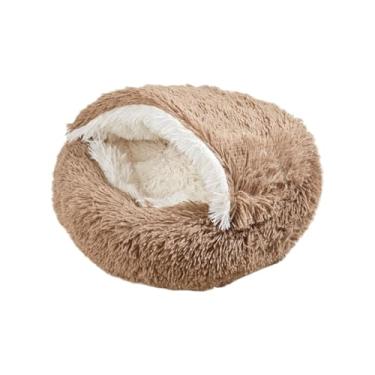 Imagem de IEUDNS Cama de cachorro pequena cama de cachorro com capuz cama de gato caverna redonda canil de cachorro calmante camas para animais de estimação macio, Marrom