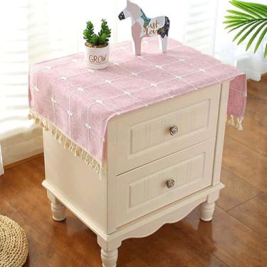 Imagem de SIELUNO Capa para mesa de cabeceira, toalha de mesa retangular de cabeceira com bolsos e borla, toalha de mesa pequena de algodão e linho à prova d'água pequena para TV, armário, lavadora, secadora