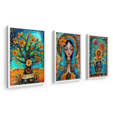 Imagem de Kit 3 quadros decorativos arte mexicana, vaso, flores vidro, santa, árvore da vida, com moldura (Branco)