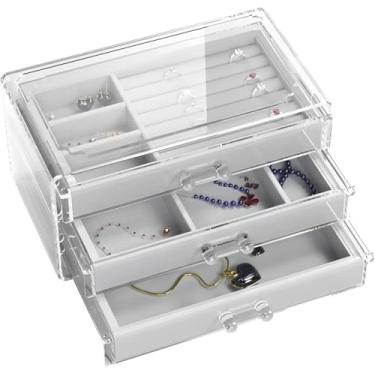 Imagem de Porta Joias de Acrílico Cinza com Forro em Camurça – 24x15x11cm | Elegante e Organizado, Gavetas Multiuso C/ 3 Gavetas