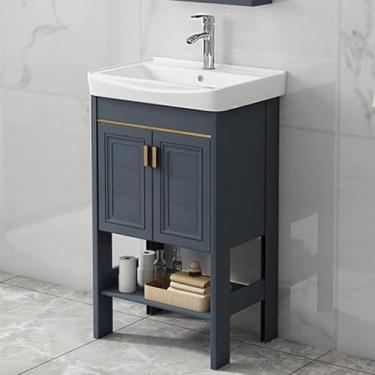 Imagem de Pia De Banheiro De Cerâmica Console De Pé Livre Pedestal Pias De Lavanderia Pias De Lavatório Vaso De Porcelana Vaso Retângulo Com Pernas De Metal Suporte Prateleira De, L51xW36xH82cm