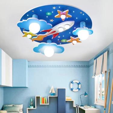 Imagem de Lâmpada De Teto Universe Rocet Star Children's Lights E27 Wood Craft Glass Lighting Lâmpada De Salão Ultrafina Lâmpada Led Branca Quarto De Bebê Quarto De Estar Quarto De Crianças Luzes De