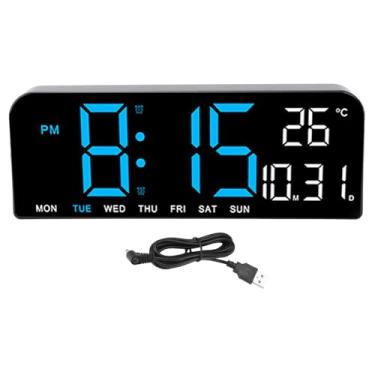 Imagem de Despertador digital Grande LED Exibir relógio de parede com temperatura Data da semana Exibir brilho ajustável 12 24h Display para o escritório do quarto em casa (Azul)