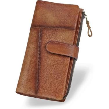 Imagem de Carteira vintage de couro legítimo com bloqueio de RFID, organizador de fricção à mão com fecho, Marrom, Vintage