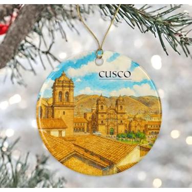 Imagem de Enfeite de aquarela Cusco Peru - Lembrança de Natal de cerâmica - Aniversário de lua de mel - Lembrança de viagem - Presente de inauguração de casa - Presente para amantes de Cusco impresso em ambos