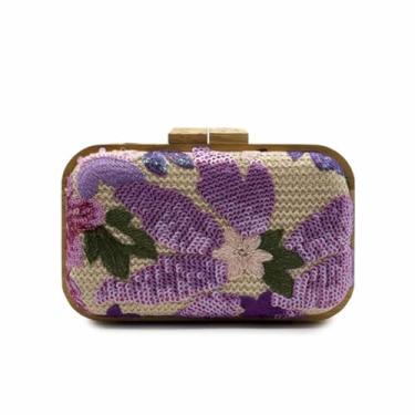 Imagem de WuDiaoer Bolsa feminina bordada com lantejoulas e flores para noite com glitter, bolsa clutch de tecido de palha com corrente para festa, Roxa, 8.3x4.9 inch/ 21x12.5 cm
