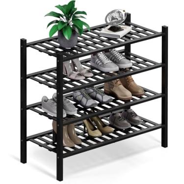Imagem de Haddockway Organizador de armazenamento de sapatos de bambu de 4 níveis, prateleira de sapato empilhável multifuncional com painel de grade para armário, corredor, entrada, espaço pequeno 68 x 28 x 66