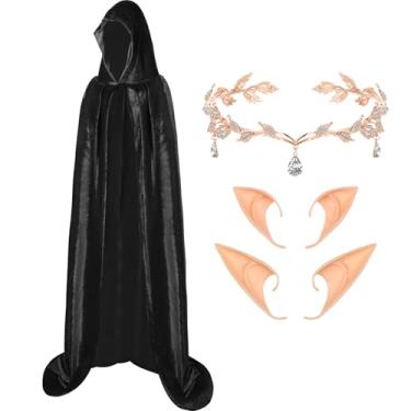 Imagem de Patelai 4 peças de fantasia de elfo de Halloween para mulheres, orelhas de elfo, capa com capuz, capa de veludo, strass, coroas de folhas para mulheres adultas (preto)