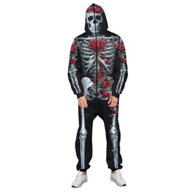 Imagem de Roevite Pijama de Halloween com esqueleto para homens e mulheres – Macacão de fantasia com zíper, Esqueleto floral rosa 3D, XX-Large-3X-Large