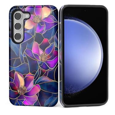 Imagem de Kapadiy Capa para Samsung Galaxy S24 Plus [design de flor roxa de vitrais] - Proteção dupla híbrida (silicone + policarbonato rígido) à prova de choque, capa protetora para homens e mulheres