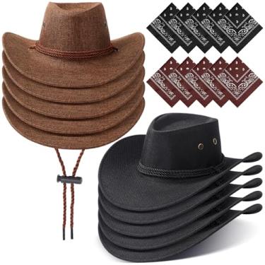 Imagem de Coume Conjunto de 10 chapéus de caubói e bandana para mulheres e homens, 10 chapéus de caubói de feltro, 10 bandanas ocidentais para festa à fantasia de adultos (preto, marrom, estilo linho)
