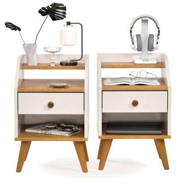 Imagem de Kit 2 Mesas de Cabeceira para Quarto Retrô 1 Gaveta Puxador Rose Dakot