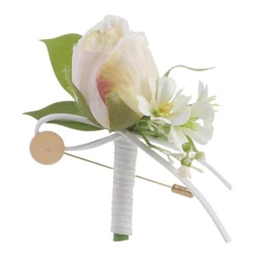 Imagem de UGPLM Homens de casamento boutonniere rosa flor boutonniere artificial, rústico, pino de broche de decoração de terno para a festa dos padrinhos, Branco