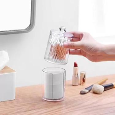 Imagem de Porta Algodão Cotonete Acrílico Organizador De Cosméticos Duplo Com Tampa Transparente Kit Multiuso Para Banheiro e Maquiagem-Vende Mais