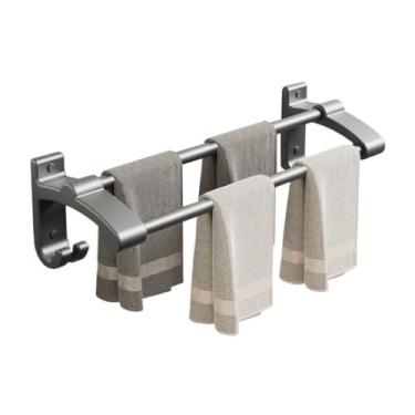 Imagem de Prateleiras de banheiro barra de toalha de banho, gancho de toalha de alumínio espesso com 2 varões de toalha e 2 ganchos, suporte de toalha de parede sem barra de toalha de perfuração, suporte de